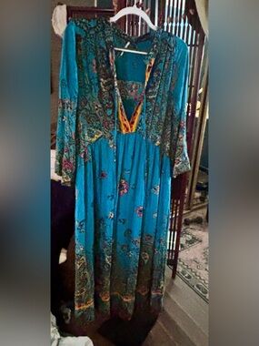 Free People Boho Floral Teal Long Sleeve Maxi Dress with separate short slip